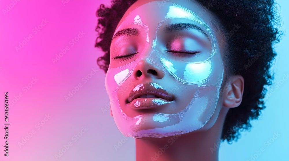 Young woman enjoying a facial mask treatment in a colorful spa setting during the evening Young woman enjoying a facial mask treatment in a colorful spa setting during the evening