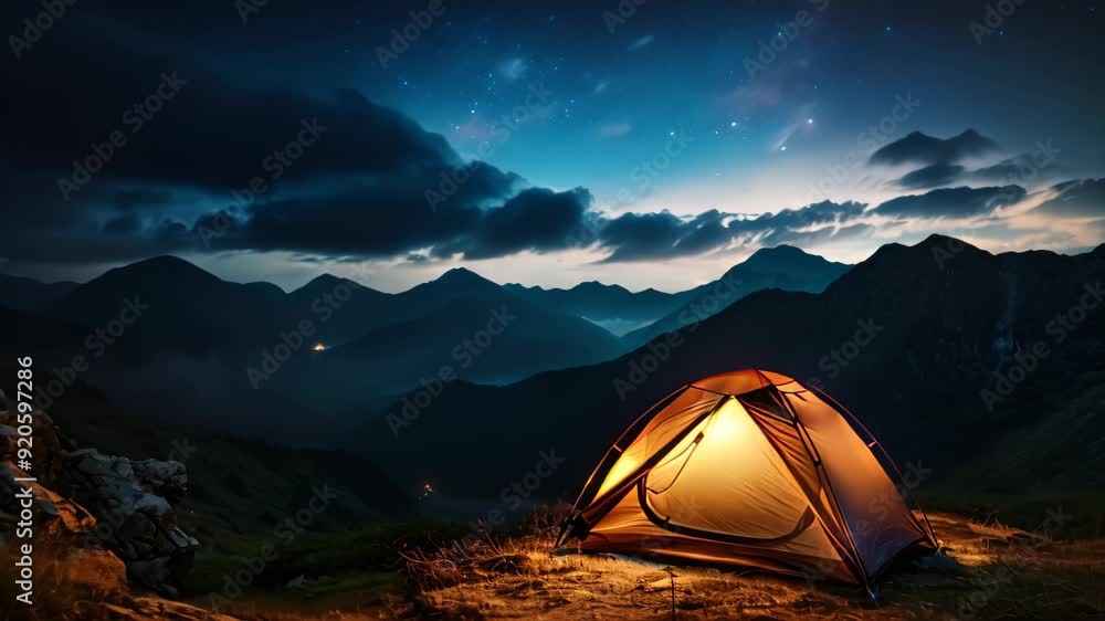 Tent in the mountains at night with starry sky and clouds, Illuminated camp tent under a view of the mountains and a starry sky Tent in the mountains at night with starry sky and clouds, Illuminated camp tent under a view of the mountains and a starry sky