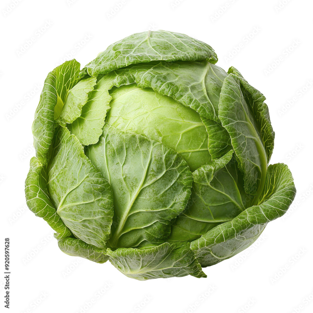 Obraz premium Fresh green cabbage with vibrant leaves, perfect for salads, cooking, or garnishing, symbolizing healthy eating and nutrition.