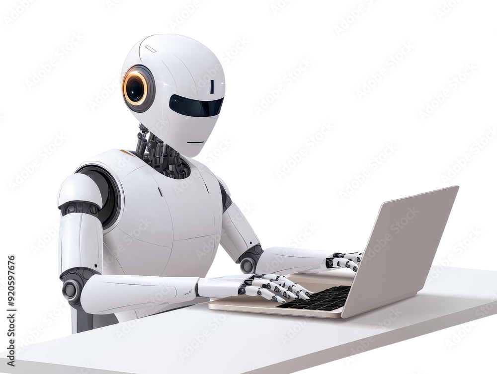 Futuristic robot typing on a laptop, showcasing advanced technology and artificial intelligence in a modern workspace. Futuristic robot typing on a laptop, showcasing advanced technology and artificial intelligence in a modern workspace.