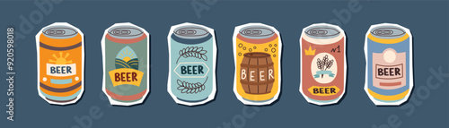Set of beer cans stickers isolated on blue background. Oktoberfest concept. Beer festival concept. Drinks concept.	