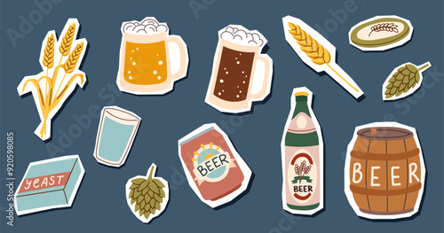 Set of stickers of beer ingredients isolated on blue background. Oktoberfest concept. Beer festival concept. Beer brewing concept.	