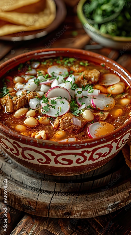 Savor the taste of authentic Mexican red pozole, beautifully presented with radish, lettuce, hominy, and tender pork. AI generated illustration Savor the taste of authentic Mexican red pozole, beautifully presented with radish, lettuce, hominy, and tender pork. AI generated illustration