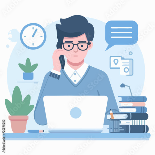 Young man working on computer. Business people sitting at office desk. Flat design vector 