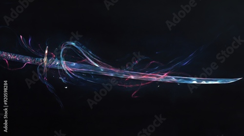 A glowing katana sword with light trails behind it, set against a black background.