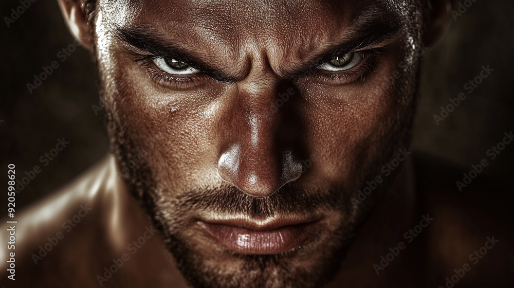 A man with a chiseled face and intense eyes showing determination A man with a chiseled face and intense eyes showing determination