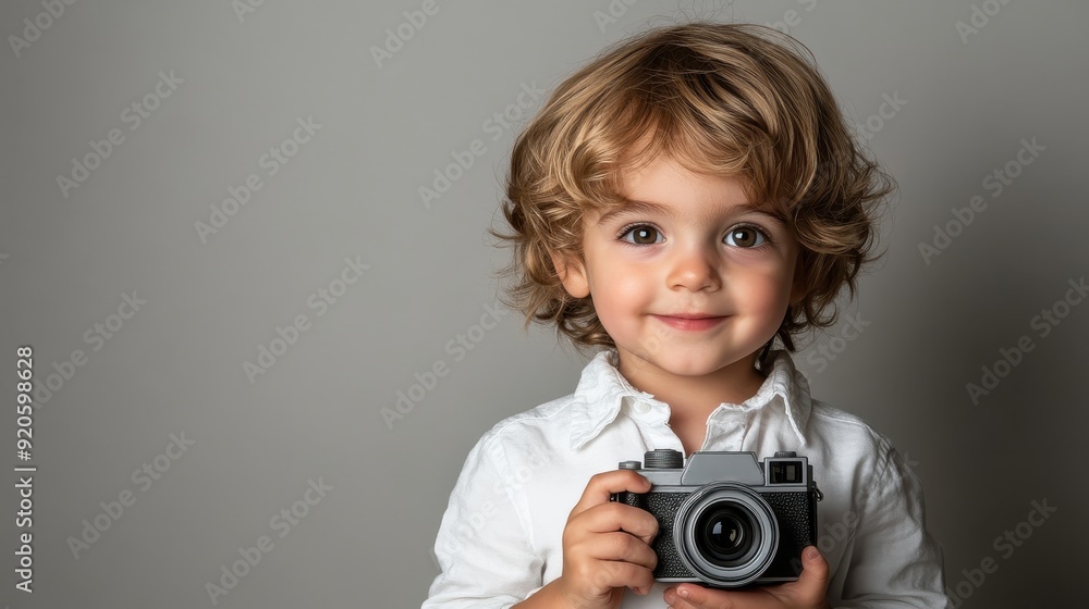 Cheerful child holding a camera, ready to capture moments. Perfect for family, photography, or childhood themes. Cheerful child holding a camera, ready to capture moments. Perfect for family, photography, or childhood themes.