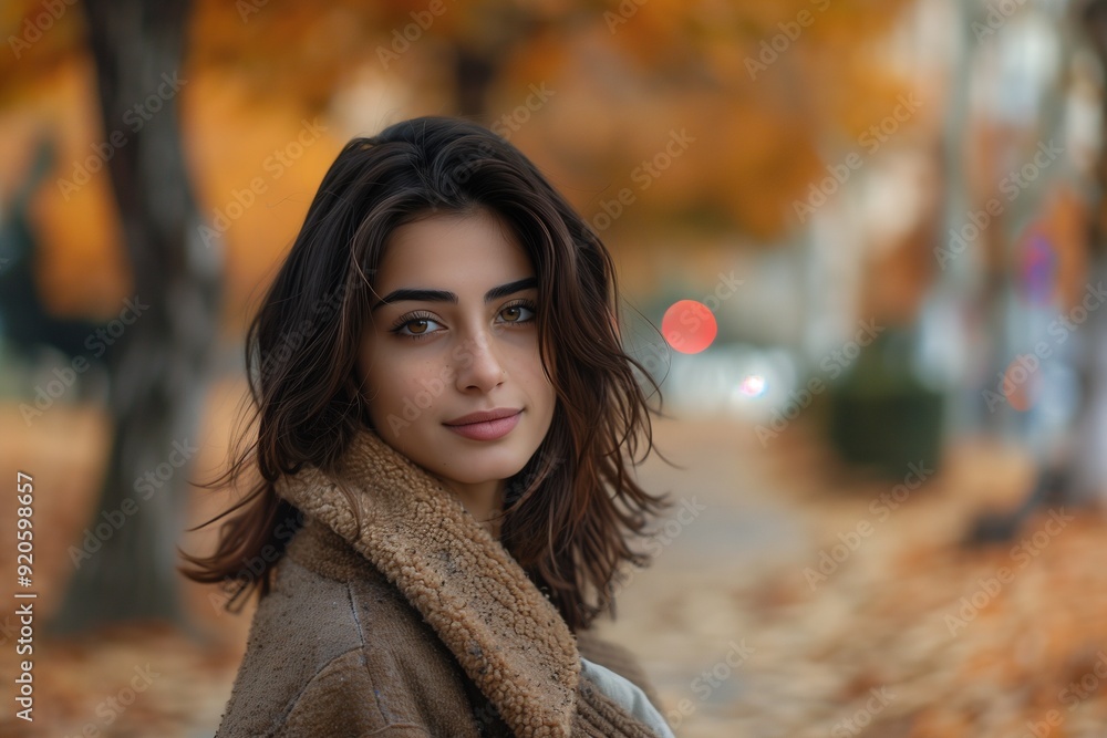 Beautiful young woman with brown hair and eyes, wearing a brown jacket, looking at the camera in a park with autumn leaves. Beautiful young woman with brown hair and eyes, wearing a brown jacket, looking at the camera in a park with autumn leaves.