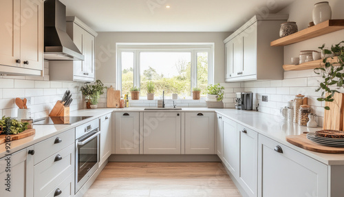 Modern white kitchen with island featuring shaker cabinets and green plants