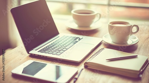 Cozy workspace featuring a laptop, notebook, coffee cups, and smartphone on a wooden table, perfect for productivity and creativity.