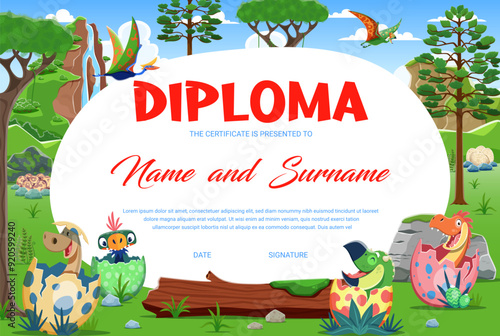 Kids diploma with funny dinosaur kids in egg shells and cartoon dino on vector certificate template. Kids school workshop or kindergarten education classes diploma certificate with baby dinos
