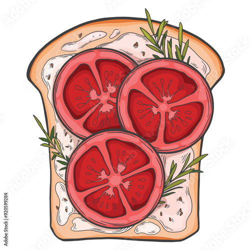 Toast with tomato slices, rosemary branches, white sauce and sesame seeds. Hand drawn food illustration for restaurant menu, package design, food ads. Vector food art - open sandwich