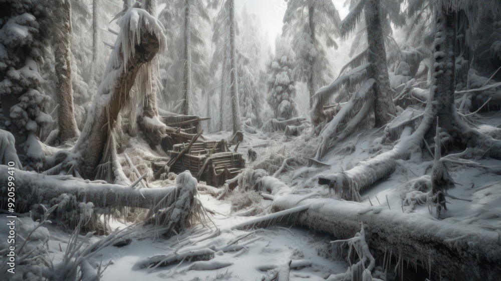 A Frozen Forest Scene with Icicles and Snow-Covered Trees A Frozen Forest Scene with Icicles and Snow-Covered Trees