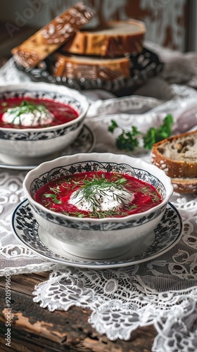 Traditional Ukrainian Russian borscht . Bowl of red beet root soup borsch with white cream . Beet Root delicious soup . Traditional Ukraine food cuisine. AI generated illustration