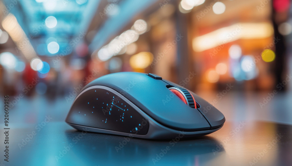 Modern wireless gaming mouse resting on table in busy public space Modern wireless gaming mouse resting on table in busy public space