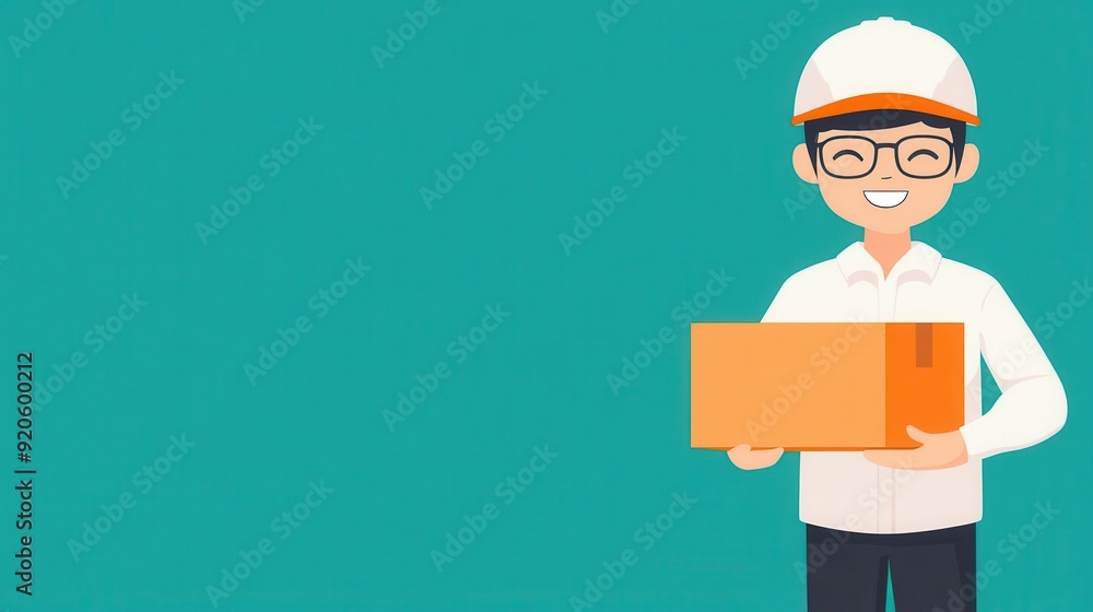 Courier Smiling and Holding a Package Against a Teal Background Courier Smiling and Holding a Package Against a Teal Background
