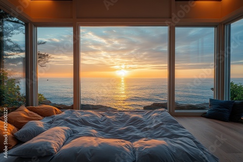 Cozy Bedroom With Ocean View At Sunrise Through Large Picture Windows