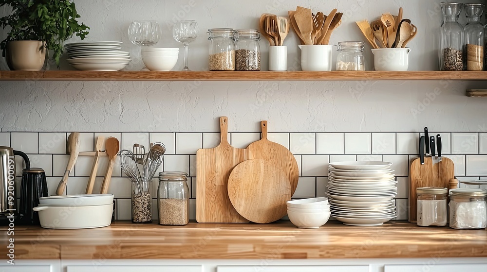 Kitchen interior with wooden utensils on countertop in modern kitchen Kitchen interior with wooden utensils on countertop in modern kitchen