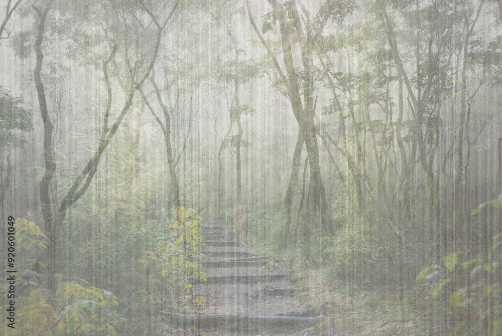 Fototapeta Path in a mysterious tropical forest. Illustration for decoration, walpaper, poster, card.