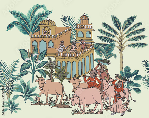 antique hand drawn traditional architecture painting.  tree landscape illustration for wallpaper.
