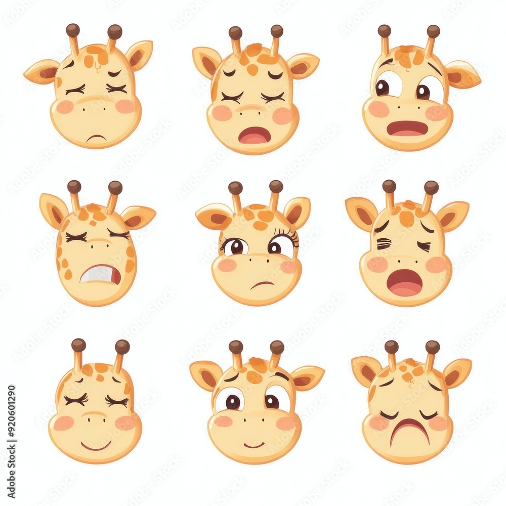 Nine cartoon giraffe faces with different expressions. Nine cartoon giraffe faces with different expressions.