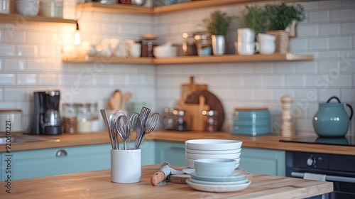 Kitchen interior with wooden utensils on countertop in modern kitchen