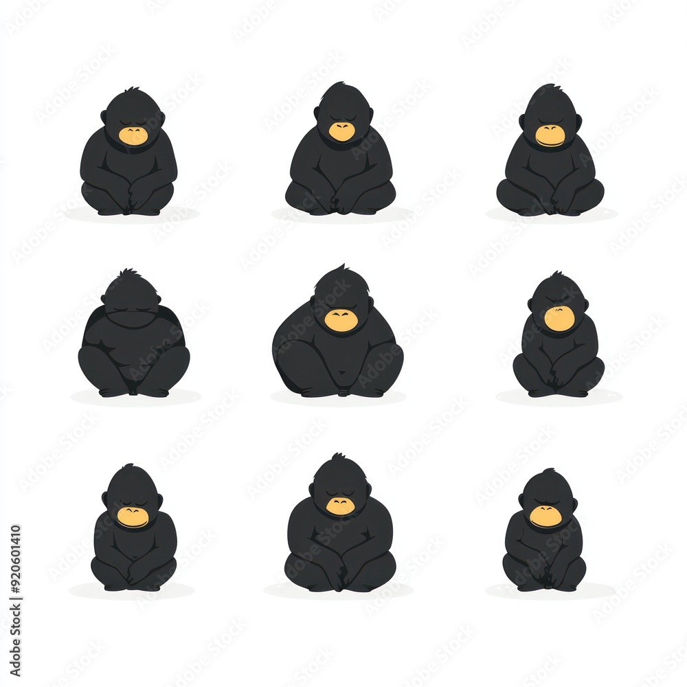 Nine black gorillas sitting in various poses isolated on white background. Nine black gorillas sitting in various poses isolated on white background.
