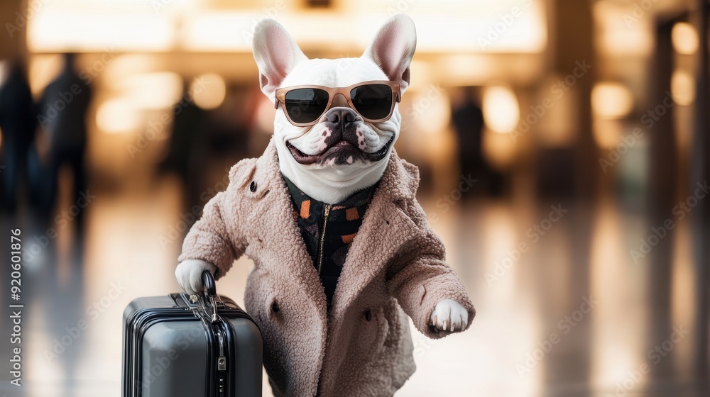 Chic white french bulldog in a trendy coat and sunglasses, holding a smartphone and pulling a suitcase in airport Chic white french bulldog in a trendy coat and sunglasses, holding a smartphone and pulling a suitcase in airport