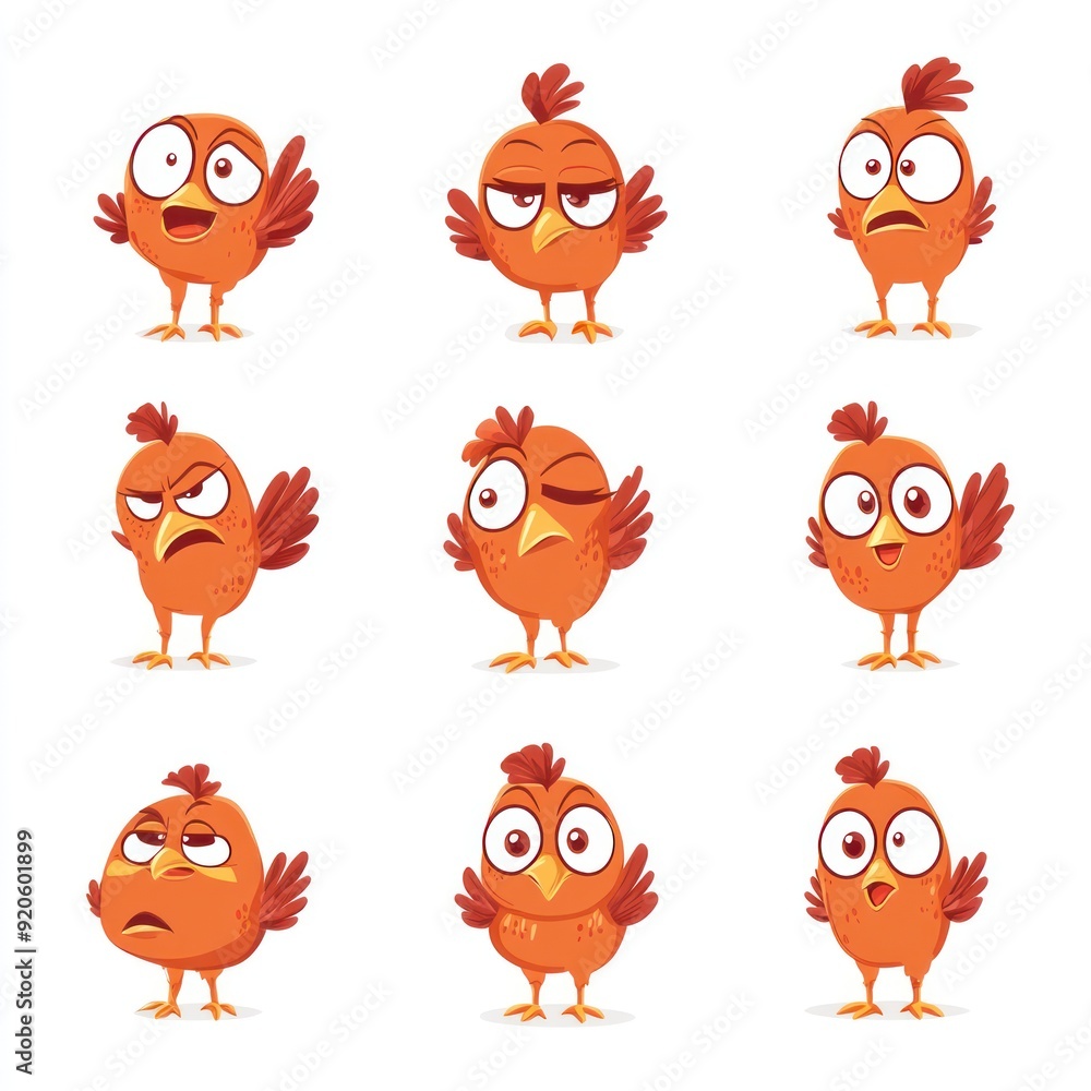 Set of nine cartoon chicks with different expressions, including happy, angry, surprised, sleepy, and wink. Set of nine cartoon chicks with different expressions, including happy, angry, surprised, sleepy, and wink.