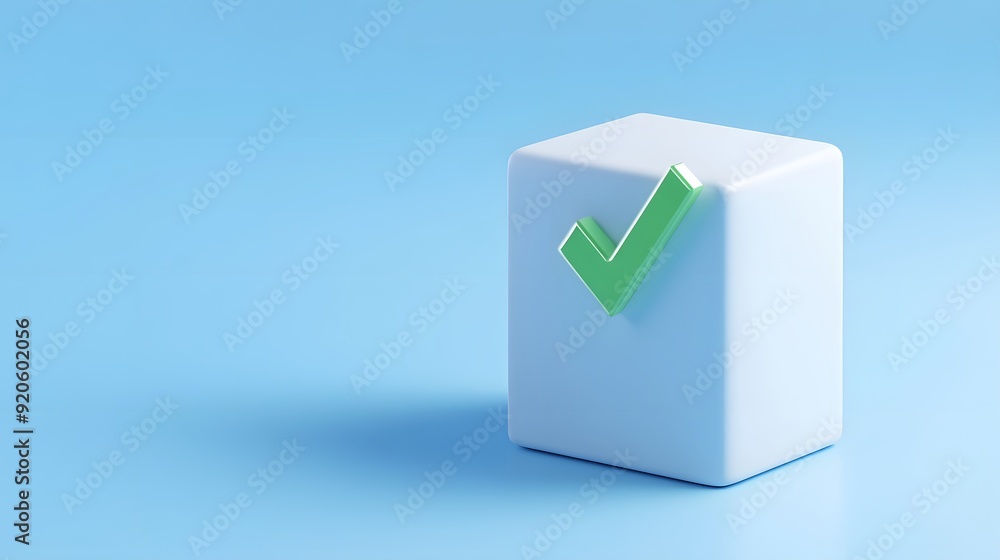 3D white cube with green check mark on light blue background, symbol of approval, correctness, or successful completion 3D white cube with green check mark on light blue background, symbol of approval, correctness, or successful completion