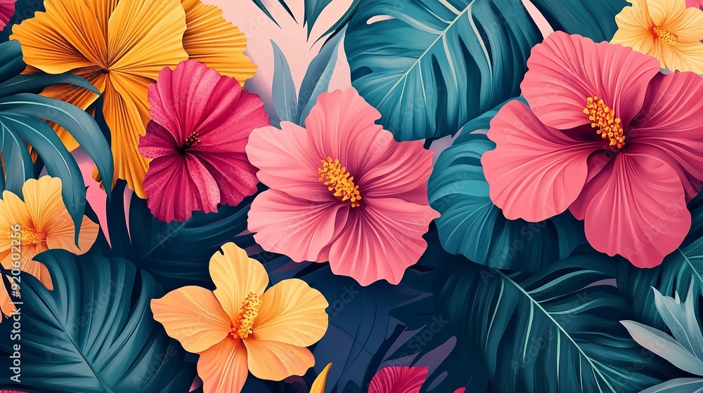 Obraz premium Seamless Patterns Floral Tropics: Lush, vibrant flowers and leaves intertwined in a dense, repeating tropical motif.