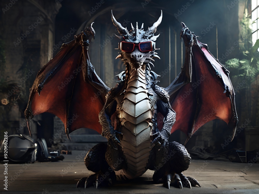 Fototapeta premium Dragon in virtual reality glasses AI generated 