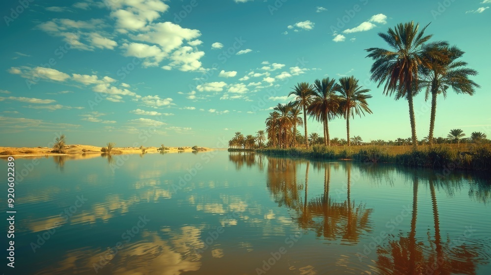 Fototapeta premium Palm trees line the banks of a calm, serene river under a bright blue sky with white clouds.