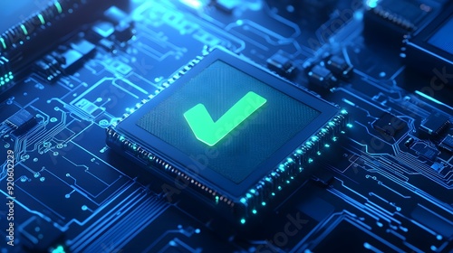 A close-up image of a microchip with a green check mark symbol, highlighting technology and digital verification concepts. photo