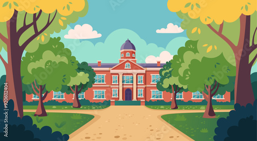 School building vector illustration. Cartoon style school with autumn or spring landscape, cityscape. Front yard with green trees,