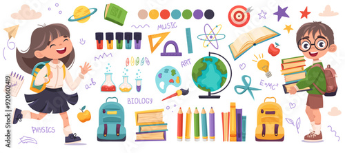Big set of school supplies and schoolboy in glasses and cute happy girl. Welcome back to school vector illustration in a flat cartoon style isolated on a white background.