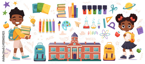 Big set of school supplies and schoolgirl and african american boy. Welcome back to school vector illustration in a flat cartoon style isolated on a white background.