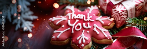 Vibrant red gingerbread cookie adorned with a 'Thank You' message, surrounded by festive decorations and glowing light bokeh.