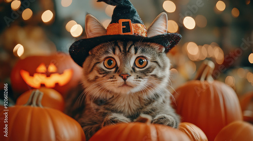 Adorable cat wearing a witch hat surrounded by pumpkins and Halloween decorations, perfect for festive and seasonal themes. photo