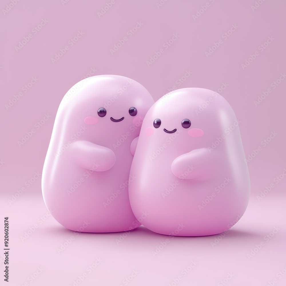 Cute Pink Blob Characters Hugging with Smiling Faces in Minimalist Pastel Background Cute Pink Blob Characters Hugging with Smiling Faces in Minimalist Pastel Background