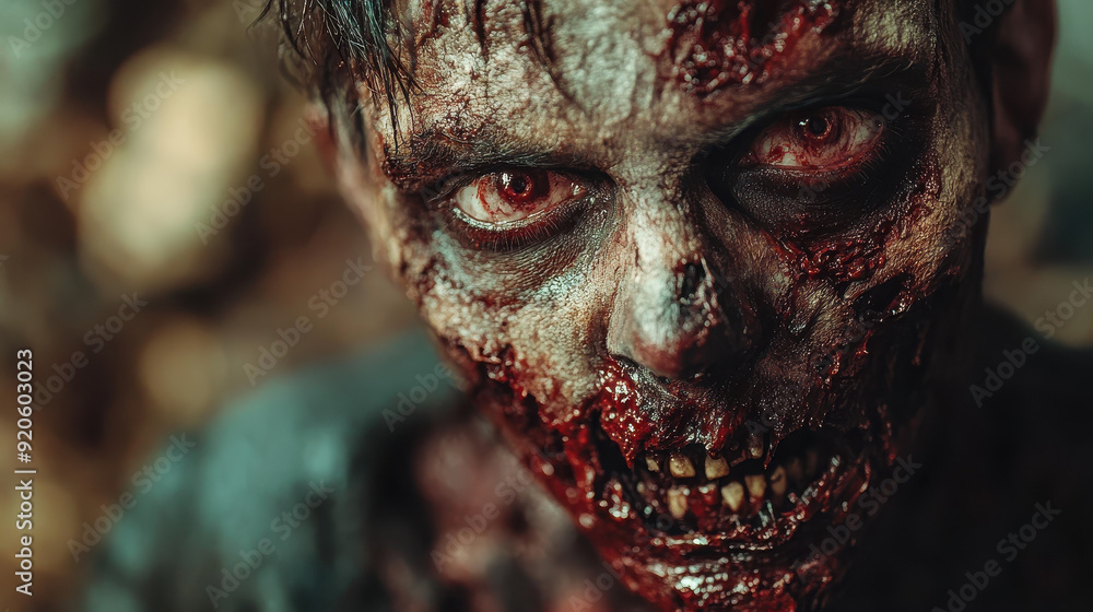 Obraz premium Detailed close-up of a terrifying zombie with decayed flesh and haunting eyes, perfect for horror themes and Halloween designs.