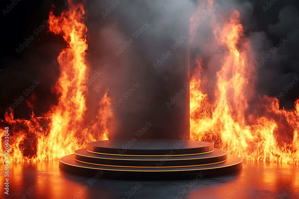 A dramatic 3D podium stands against a fiery background, creating a powerful and captivating visual A dramatic 3D podium stands against a fiery background, creating a powerful and captivating visual