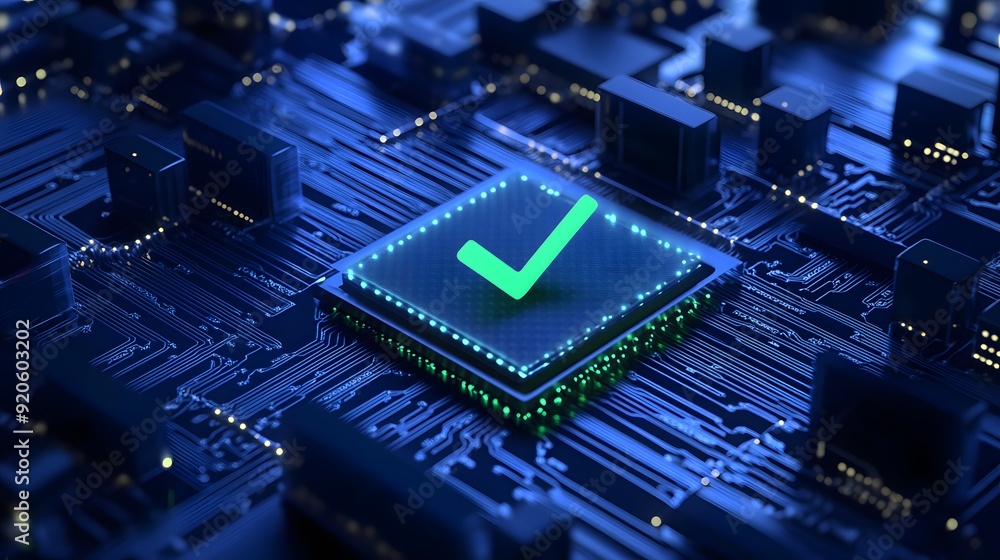A glowing checkmark on a microchip integrated into an electronic circuit board, signifying approval or validation in technology. A glowing checkmark on a microchip integrated into an electronic circuit board, signifying approval or validation in technology.