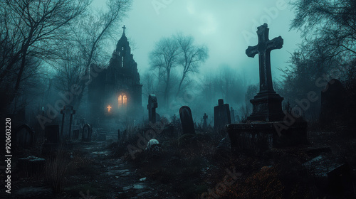 Eerie night scene of a foggy graveyard with an old church illuminated in the background, creating a spooky atmosphere. photo