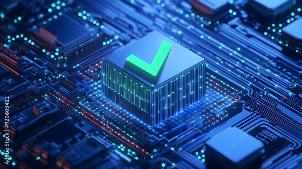 A glowing green checkmark on a futuristic microchip, symbolizing digital approval, AI, and technological advancement, on a blue circuit board. A glowing green checkmark on a futuristic microchip, symbolizing digital approval, AI, and technological advancement, on a blue circuit board.