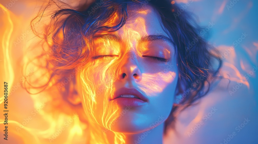 Digital Art of Woman's Face with Fiery and Cool Lighting Contrasts Digital Art of Woman's Face with Fiery and Cool Lighting Contrasts