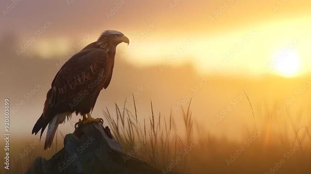 Fototapeta premium Majestic bald eagle silhouetted against a stunning sunset.