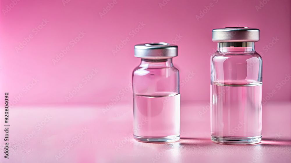 Two transparent glass vials containing clear liquid are placed on a bright pink surface, illuminating their reflective surfaces Two transparent glass vials containing clear liquid are placed on a bright pink surface, illuminating their reflective surfaces