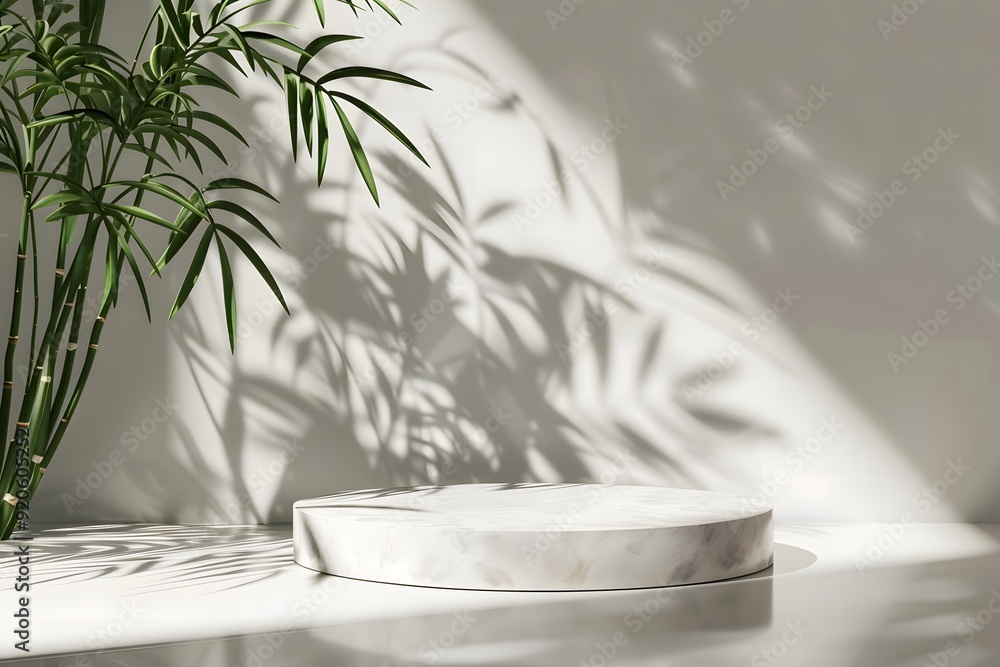 Podium background display bamboo product 3D platform cosmetic plant beauty. Podium white background display green leaf shadow marble stand presentation nature space empty scene stone fresh light Podium background display bamboo product 3D platform cosmetic plant beauty. Podium white background display green leaf shadow marble stand presentation nature space empty scene stone fresh light