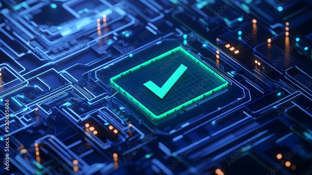 Close-up of a digital circuit with a glowing green check mark symbolizing technology, verification, and secure network systems. Close-up of a digital circuit with a glowing green check mark symbolizing technology, verification, and secure network systems.
